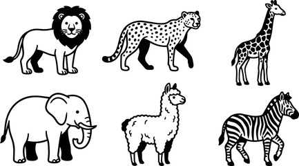 Fototapeta premium Black and white line art safari animals lion cheetah giraffe elephant llama zebra