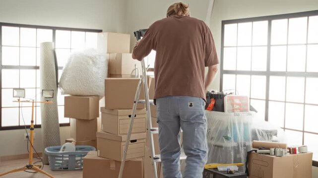 Man with arms crossed smiling among stacked cardboard boxes, ladder and packing supplies in a building room; calm productivity.