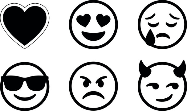 Black and white emoji faces heart love cry angry devil sunglasses smile vector art