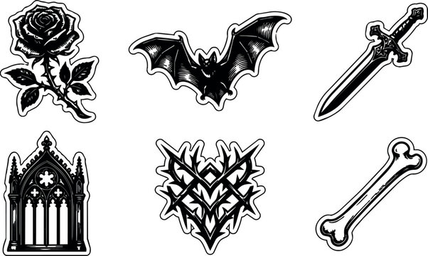Black and white gothic rose bat sword bone window gothic emblem vector art