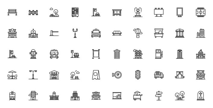 City scape icon set. Urban vector icons pack. Minimalist cityscape symbols including bench, bicycle, bus stop, traffic light, restaurant, hospital and more. Editable stroke.