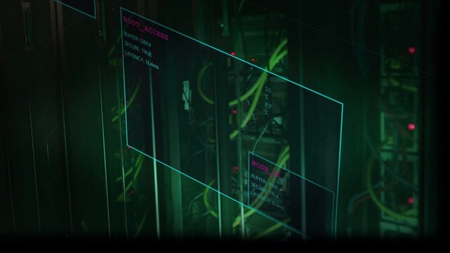 Panning camera tracking server rack with cyan HUD overlay at data center, revealing yellow cables