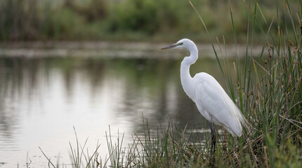 Fototapeta premium World Migratory Bird Day egret standing water reflection reeds celebrating conservation elegance tranquility for environmental awareness magazine article content