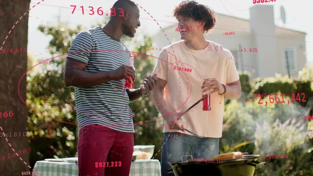 Two men gesturing with tongs, checking grill for food  and  talking, red numeric overlay tracking sm