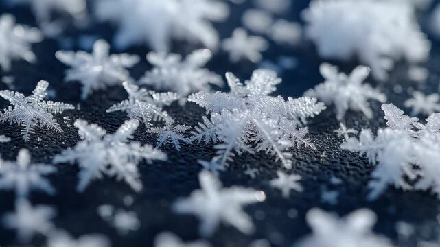 Close-up shot of delicate snowflakes on a dark surface with a shallow depth of field and a cool, wintry mood.