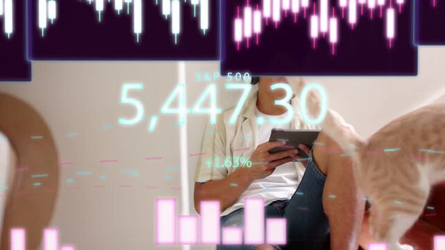 Cat entering right at home, man holding tablet lowering it and steadying cat, with ticker 5,447