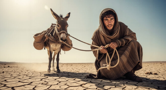Young Semitic man kneeling on cracked earth holding a rope attached to a donkey. Biblical journey through a barren desert. Ancient historical travel and faith concept in arid drought landscape