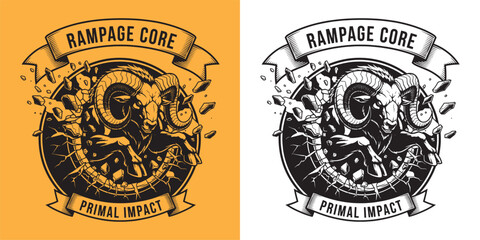 Obraz premium Rampage Core Primal Impact Ram Charging Through Brick Wall Design