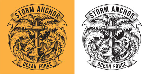 Fototapeta premium Storm Anchor Ocean Force Nautical Maritime Waves Woodcut Illustration
