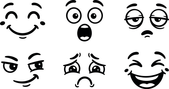Black and white cartoon faces showing happy surprised tired sly sad and laughing emotions