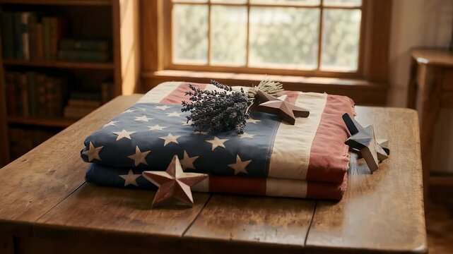 A folded American flag with rustic stars and dried lavender on a wooden table in a sunlit room.