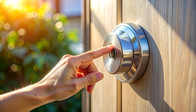 A person's hand pressing a doorbell button on a wooden door