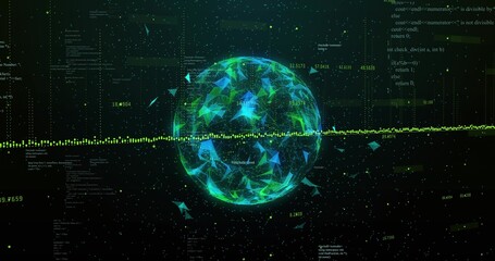 Naklejka premium Rotating luminous data sphere reacting to bisecting waveform in data void, ejecting shards and code