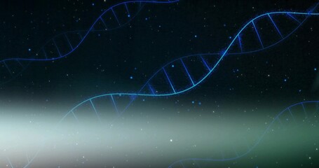 Fototapeta premium Glowing neon-blue DNA helices arcing across cosmic backdrop, with rungs, mist band, star particles