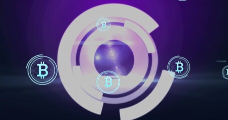 Fototapeta premium Pulsing concentric rings around purple orb in digital studio, with floating Bitcoin icons