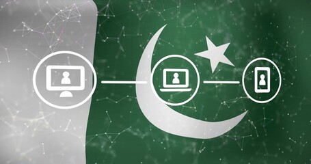 Obraz premium Connecting flag graphic linking PC laptop phone icons in banner with white crescent star and stripe