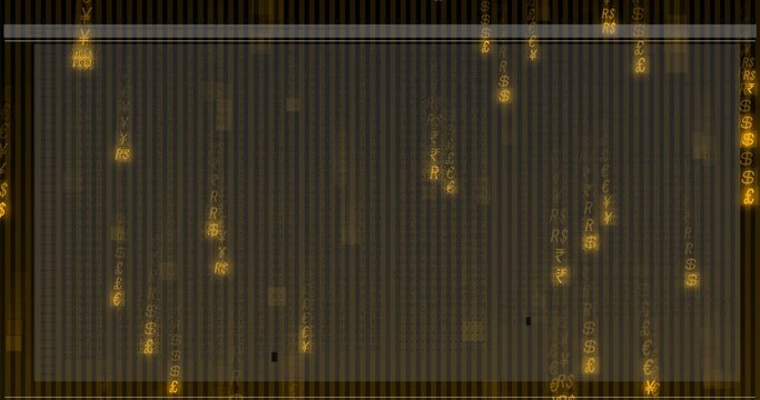 Incoming data feed starting vertical streams of gold glyphs cascading down financial HUD