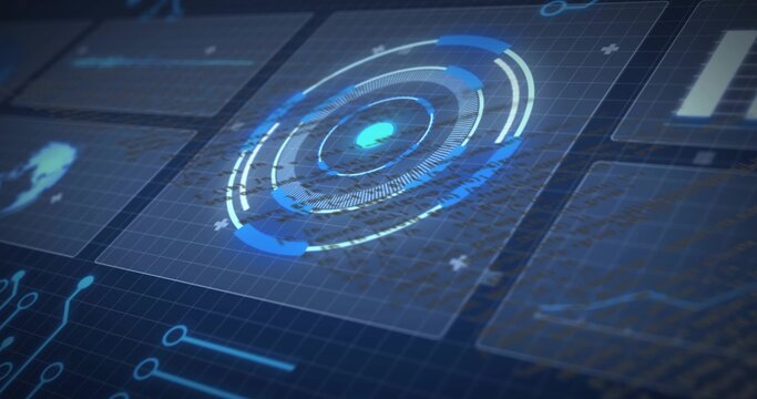 Receiving boot signal, central HUD rotating and scanning on navy grid, revealing graphs for AI