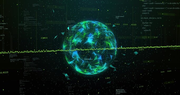 Rotating luminous data sphere reacting to bisecting waveform in data void, ejecting shards and code