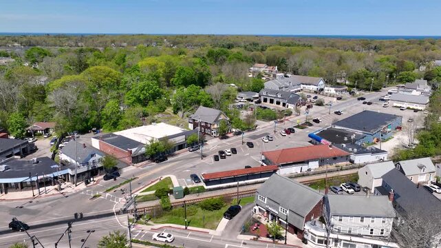 North Scituate historic village center aerial view on Country Way at Gannett Road in spring, town of Scituate, Massachusetts MA, USA. 
