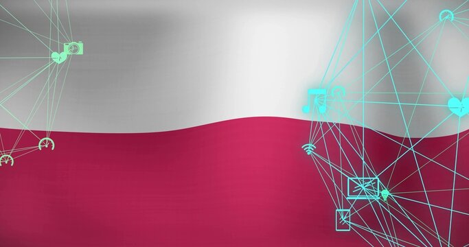Showing two-band wavy graphic on poster, with cyan network nodes and music heart Wi?Fi icons