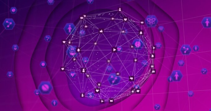 Pulsing 3D wireframe network sphere rotating in virtual 3D space, with glowing social icons