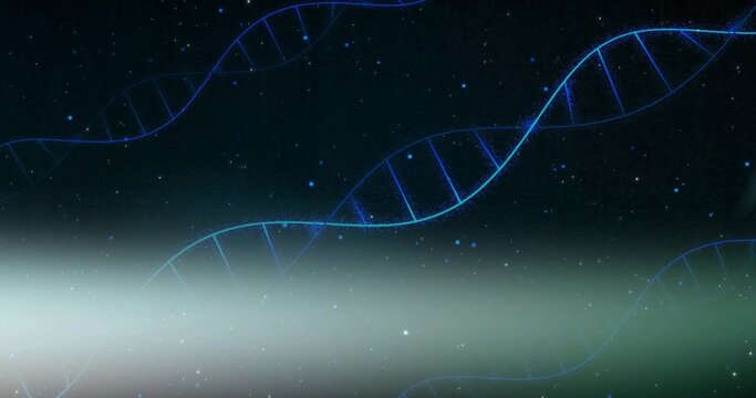 Glowing neon-blue DNA helices arcing across cosmic backdrop, with rungs, mist band, star particles
