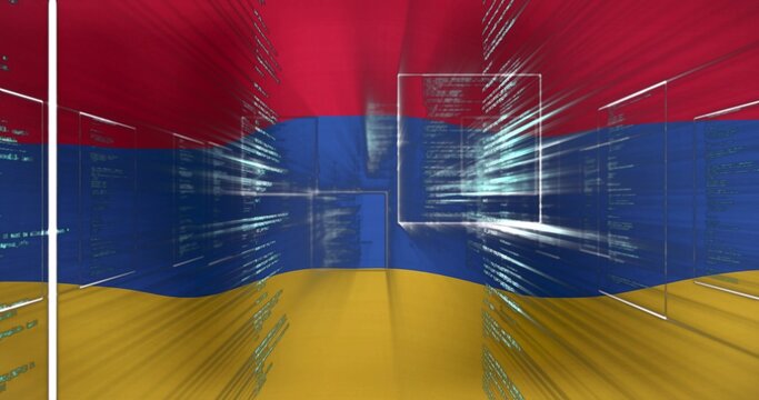 Displaying large rippling tricolor surface with floating glass panels in gallery, with code streaks