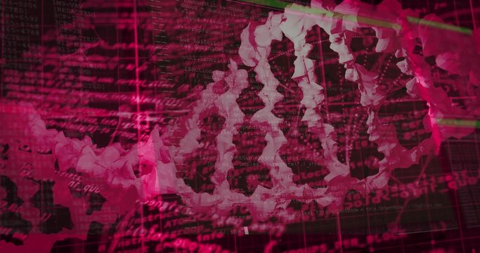 Displaying magenta DNA double helix spanning frame, with code, numeric readouts, grid panels