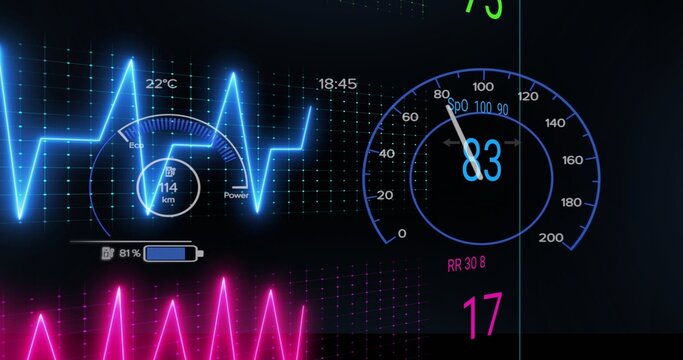 Displaying digital dashboard HUD glowing on dark backdrop, with speedometer, neon ECG waveform