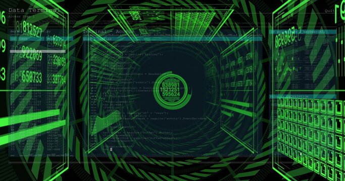 Pulsing central HUD projecting concentric rings and readouts in neon data tunnel, with code panels