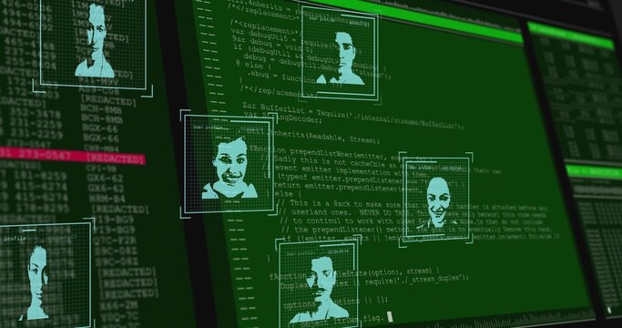 Displaying central GUI overlaying facial headshots on green code on monitor, showing redacted lines