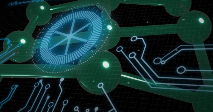 Displaying large circular holographic dial glowing on dark gridded plane, with connector nodes