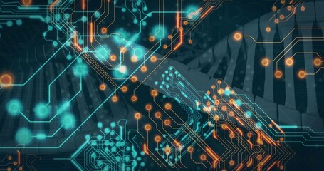 Displaying circuitry and DNA double helix centered in graphic, with glowing teal and orange nodes © vectorfusionart
