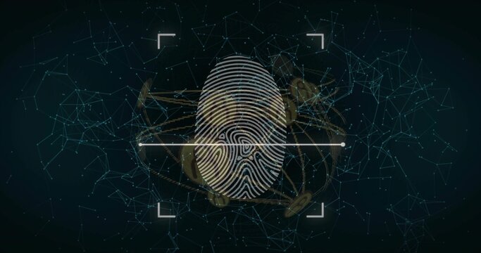 Scanning biometric fingerprint under scan beam in cyber interface, targeting brackets, gold tokens