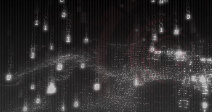 Streaming field of cascading binary digits across virtual data plane, showing glowing nodes