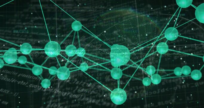 Displaying glowing teal nodes connecting by thin lines in data space, with grid and code overlays