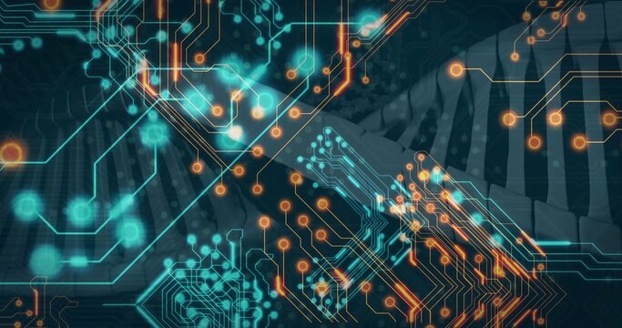 Displaying circuitry and DNA double helix centered in graphic, with glowing teal and orange nodes