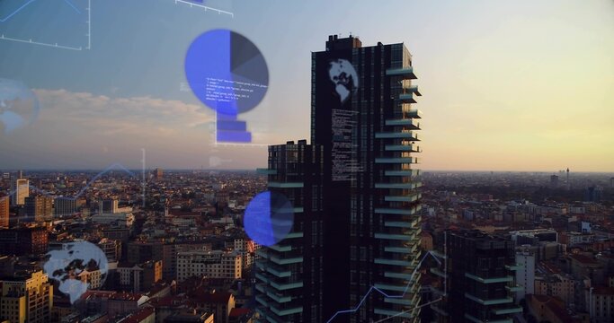 Displaying dark glass high-rise tower reflecting warm sunset from rooftop, with HUD elements