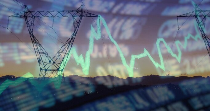 Displaying lattice steel pylons intersecting glowing cyan line graph over twilight ridge, ticker
