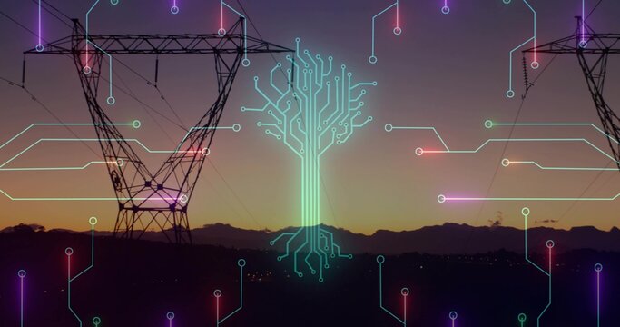 Glowing neon circuit-tree graphic hovering over ridge at dusk, linking pylons and power lines