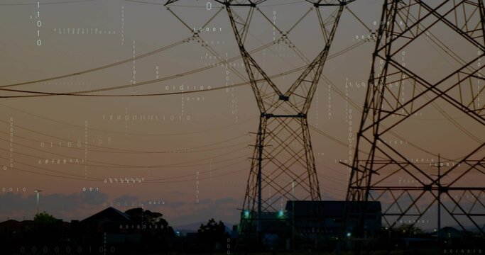 Framing two steel lattice towers with power lines in utility corridor at dusk, binary overlay