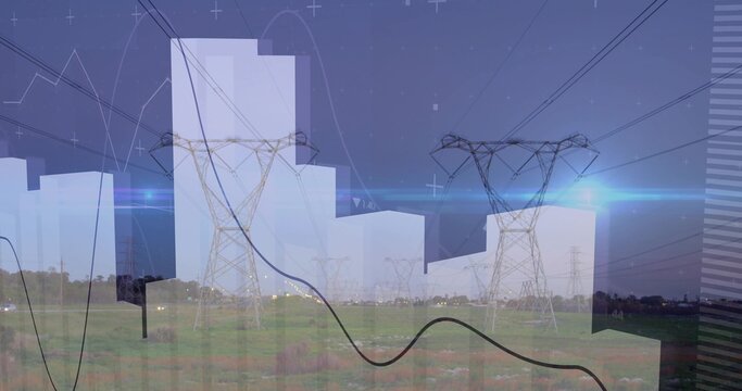 Dominating transmission towers stretching across field at outskirts, with power lines, data overlay