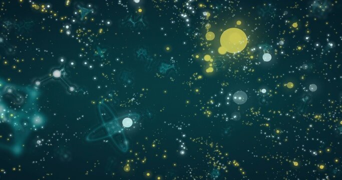 Glowing large yellow orb dominating right side deep teal starfield, with pale blue orbs, copy space