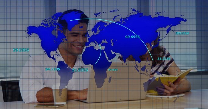 Map overlay appearing, pair consulting laptop, writing in yellow notebook in office for report