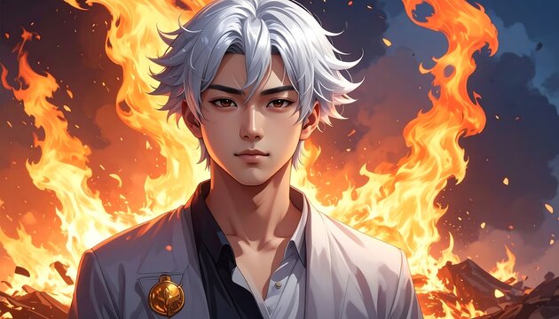 A man with silver hair stands before a blazing inferno