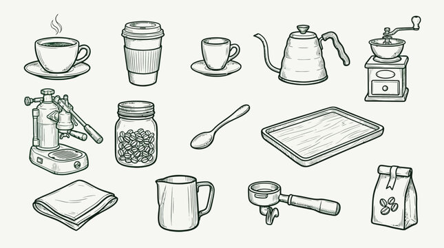 A collection of hand-drawn illustrations depicting various coffee-making tools and accessories, including a coffee grinder, espresso machine, kettle, cups, and beans.