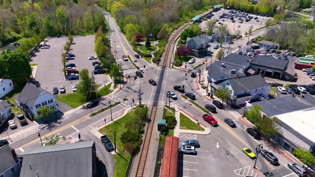 North Scituate historic village center aerial view on Country Way at Gannett Road in spring, town of Scituate, Massachusetts MA, USA. 