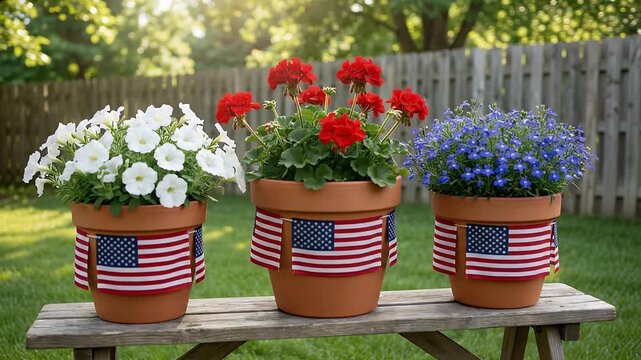 Three terracotta flower pots decorated with American flags, holding white, red, and blue flowers, sitting on a wooden bench in a sunny backyard.