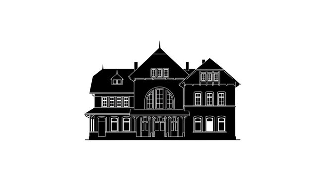 Black Silhouette of Historic Railway Station Building Illustration